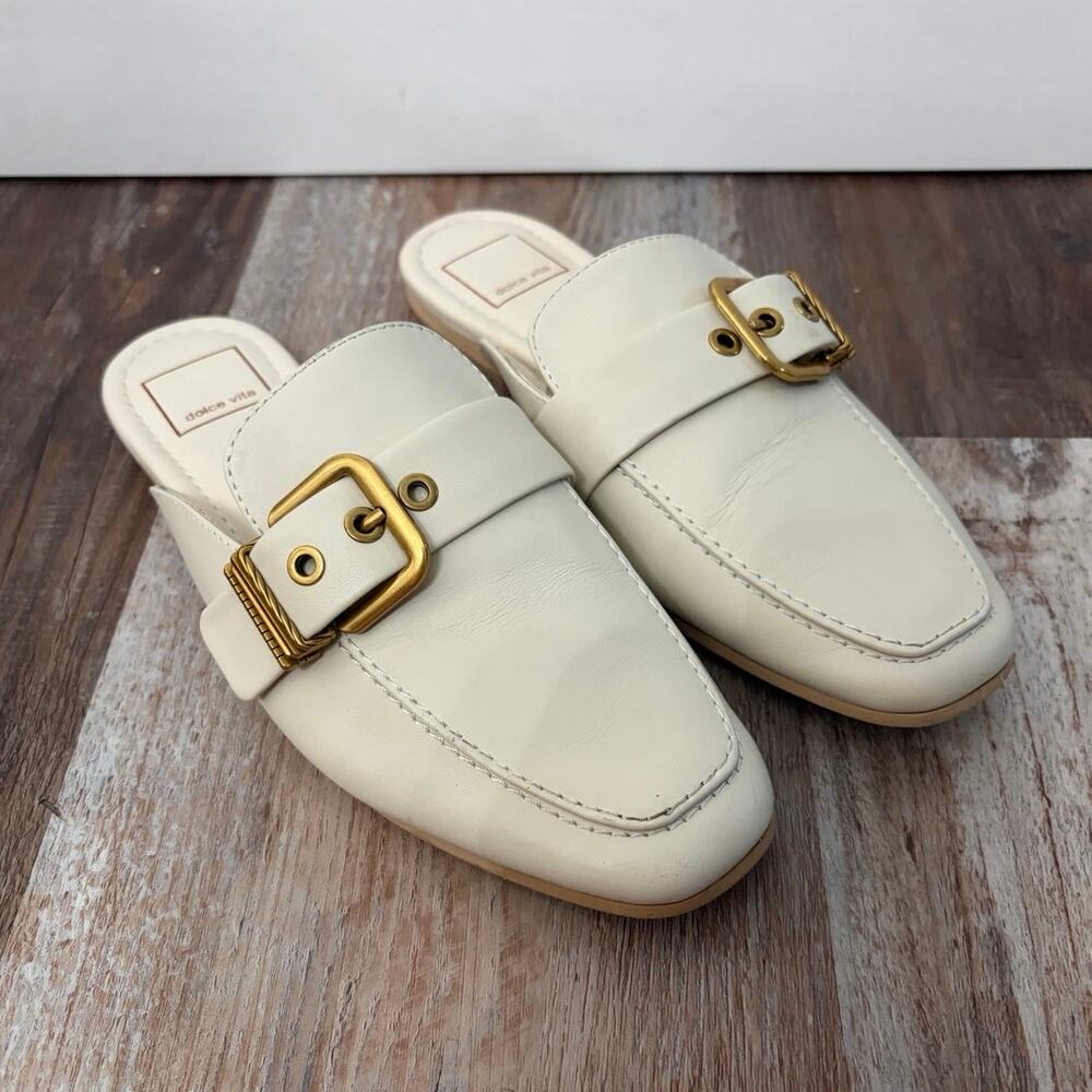 Dolce Vita Santel Mules leather in cream with gold buckles women’s Sz 6.5 EUC
